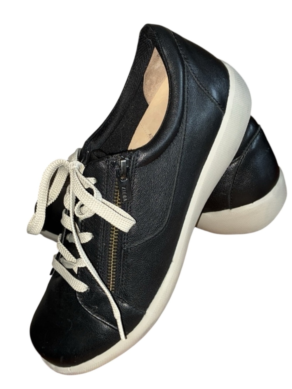 Ziera Black Leather Women's Sneakers, 40.5, Side Zip, White Laces  EUC